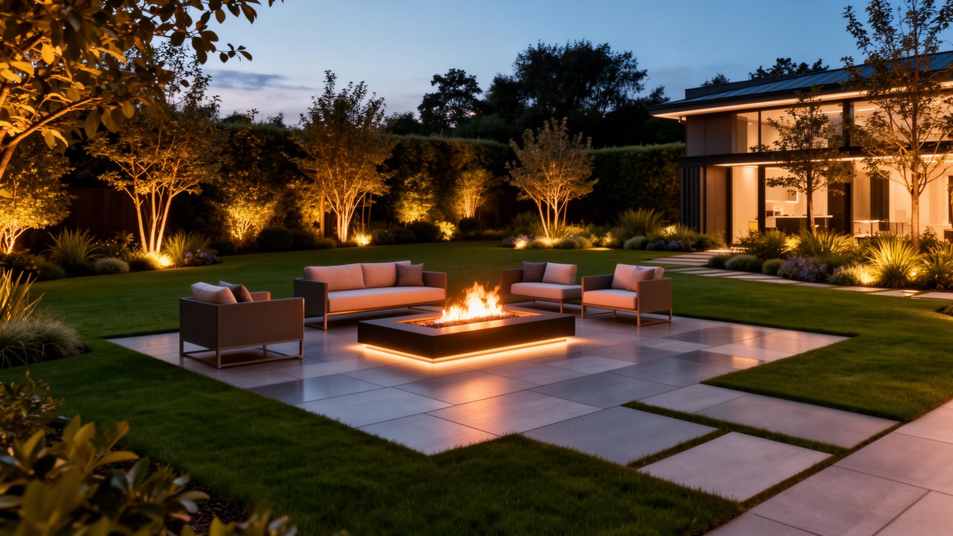 Modern landscaped garden at twilight with warm lighting, contemporary seating around a fire feature, large-format paving and manicured lawn