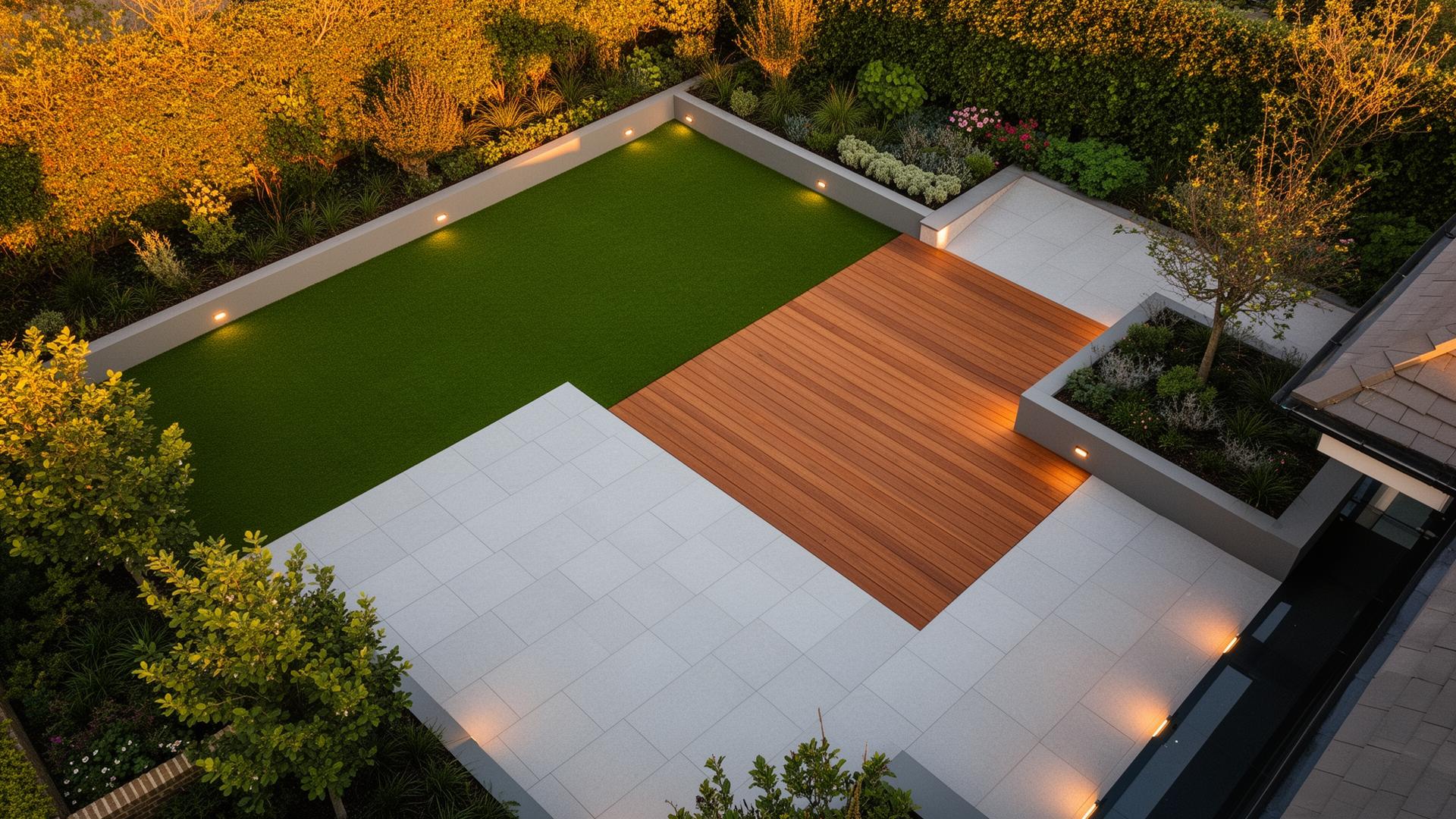 Aerial view of a modern landscaped garden with tiling, artificial grass and wooden decking